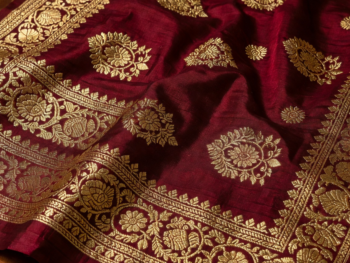 Close-up of golden zari threads on royal maroon Banarasi silk saree