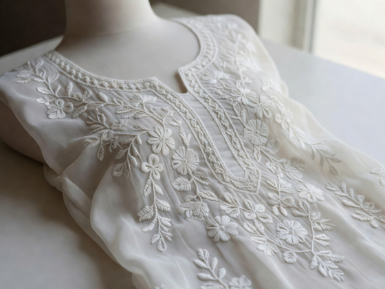 Detailed delicate white floral shadow work embroidery on sheer georgette kurta
