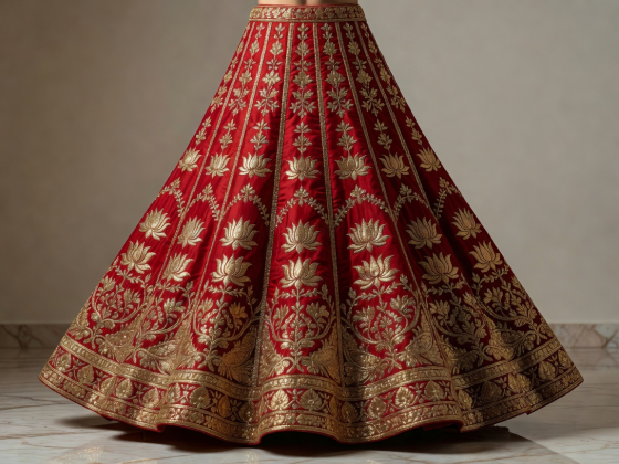 Exquisite crimson and gold embroidered bridal lehenga skirt with kalidar flare