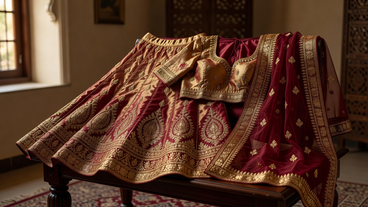 Exquisite handwoven Indian maroon and gold silk bridal ensemble
