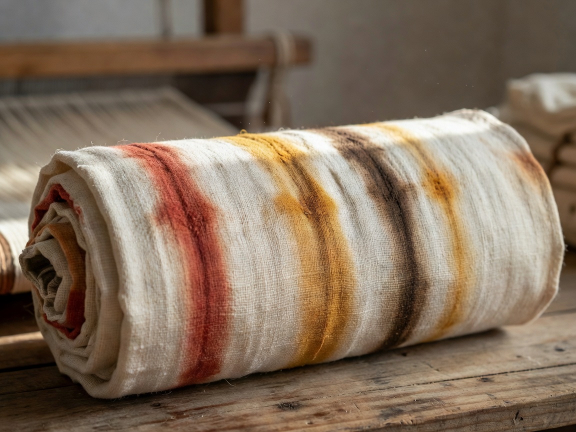Handspun natural organic khadi fabric roll with earthy natural dye accents