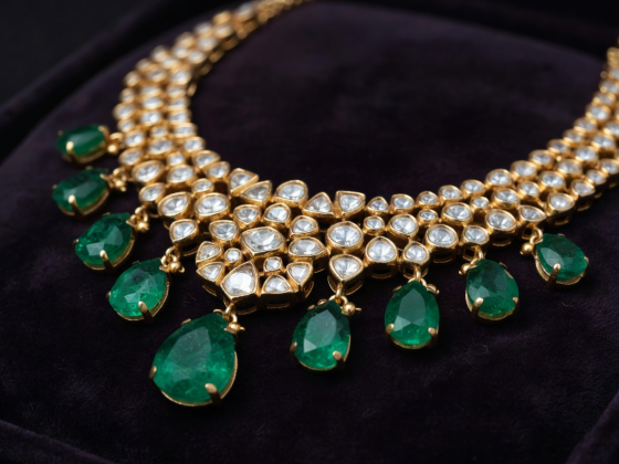 Heirloom Kundan Polki necklace set with natural uncut diamonds and Columbian emerald drops