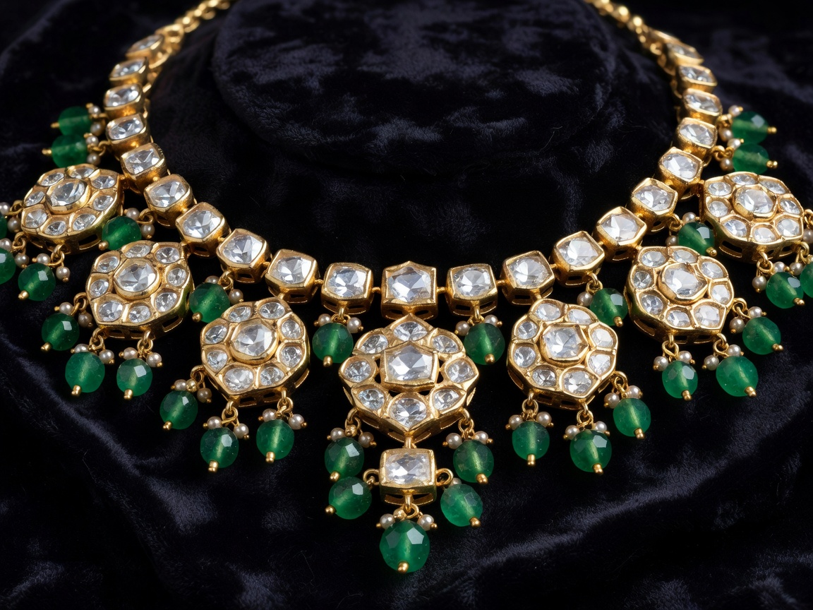 Heirloom Kundan Polki uncut diamond necklace set in 24k gold with emerald beads
