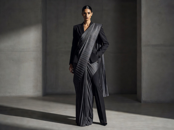 High fashion model showcasing modern pleated saree draped over structured tailoring
