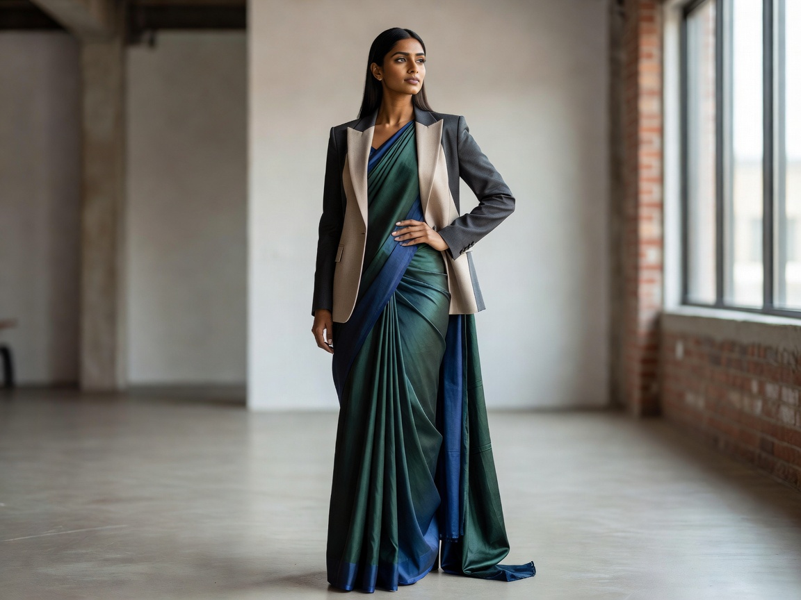 Modern woman styling traditional pleated silk saree with tailored modern blazer