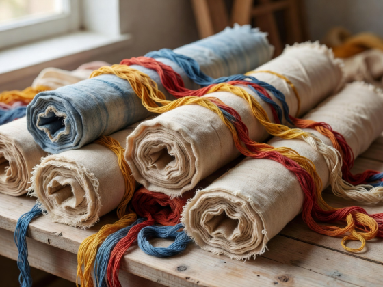 Natural handspun organic Khadi fabric rolls with natural plant dyed threads