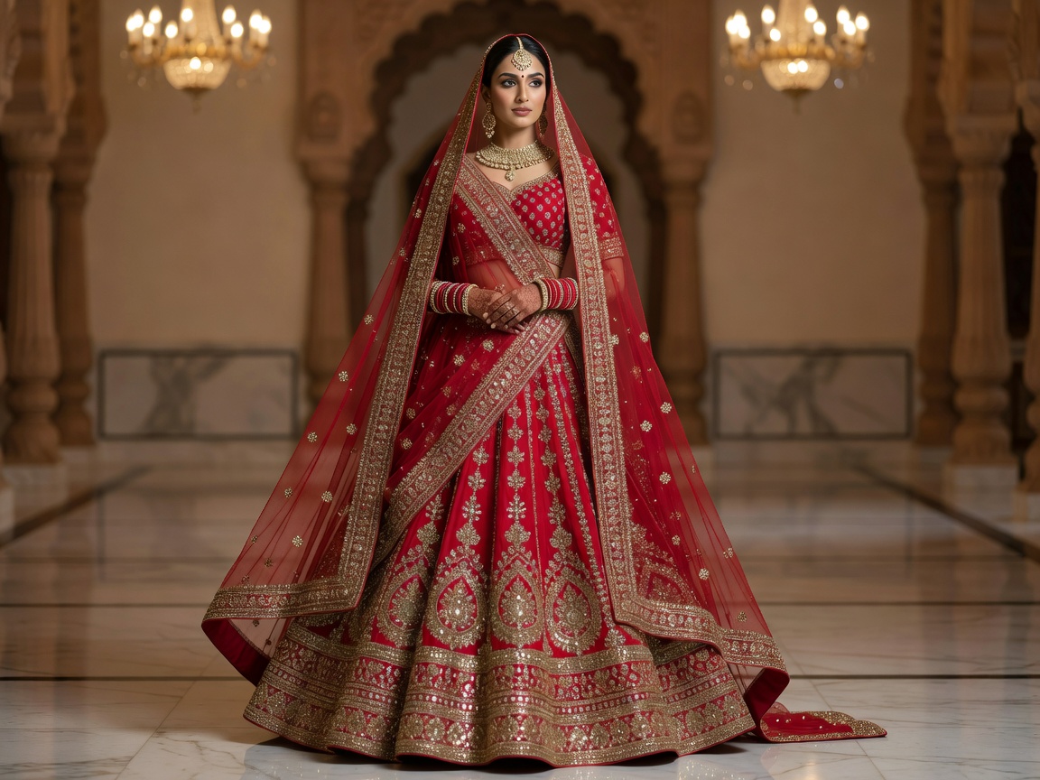 Ornate crimson and gold embroidered Indian bridal lehenga with heavy dupatta